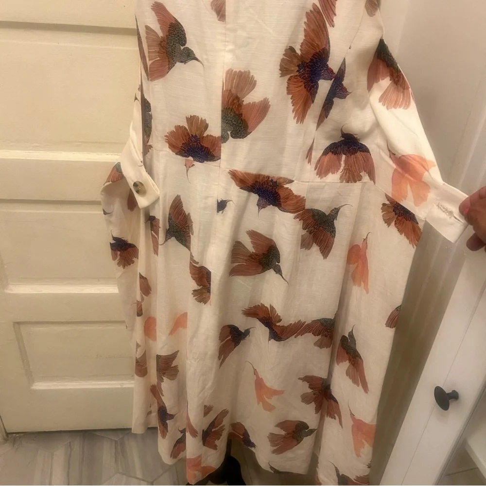 MM LaFleur Cream Midi Dress with Bird Print Resort Coastal Nature Sleeveless - Picture 6 of 11